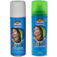 Carnaval verkleed haarverf - haarspray - kleuren wit en groen - 111 ml per flacon Carnaval verkleed haarverf - haarspray - kleuren wit en groen - 111 ml per flacon