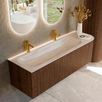 Badmeubel Mondiaz Kurve-Dlux | 145 cm | Meubelkleur Walnut | Wastafelkleur Meli | Solid surface | Wasbak linker zijde spoelbak | 2 kraangaten