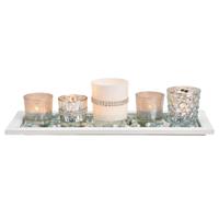 Windlichtset, 5-delige windlichten op hout, spiegelplateau, met glasdecor en glazen kralen, zilver, 7-delige set, (B/H/D) 37x10x14 cm