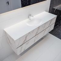 Mondiaz Vica Moon badmeubel wit carrara mat 150 cm 2 lades solid surface enkele spoelbak midden 1 kraangat