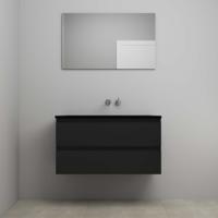 On-Line Badkamermeubelset - 100 cm - Voorgemonteerd - Ladestructuur - Acryl Wastafel - zonder Kraangat - Spiegel - Mat Zwart