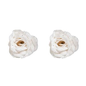 2x stuks witte decoratie rozen glitters op clip 7 cm - Kersthangers