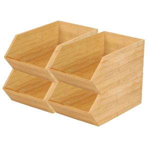 Stapelbare opbergmand 1 vaks - 4x - L18 x B31 x H12 cm - bamboe hout - lichtbruin - organizer