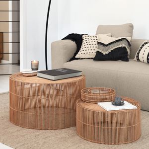 Kave Home Ronde Salontafel Elmina Rotan, Set van 2 stuks - Naturel