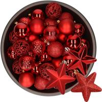 43x stuks kunststof kerstballen en sterren ornamenten rood - Kerstbal