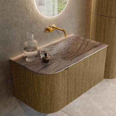 Badmeubel Mondiaz Kurve-Dlux | 85 cm | Meubelkleur Dusk | Wastafelkleur Oza | Solid surface | Wasbak rechter zijde spoelbak | Zonder kraangat(en)