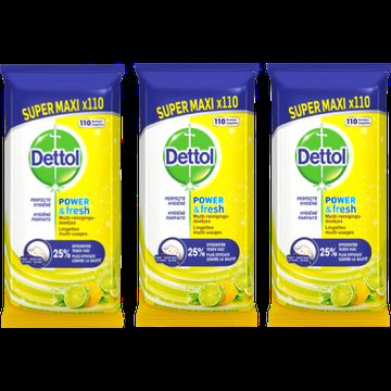 Dettol Power & Fresh MultiReinigingsdoekjes Sprankelende Citroen & Limoen Super Maxi 3 x 110 Stuks bij Jumbo