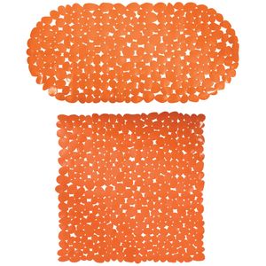 MSV Douche/bad anti-slip matten set badkamer - pvc - 2x stuks - oranje - 2 formaten - Badmatjes