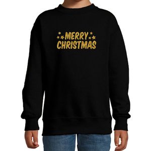 Merry Christmas Kerst sweater / trui zwart voor kinderen met gouden glitter bedrukking