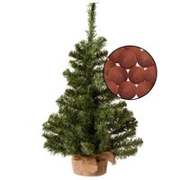 Mini kerstboom groen met verlichting - in jute zak - H60 cm - terracotta - Kunstkerstboom