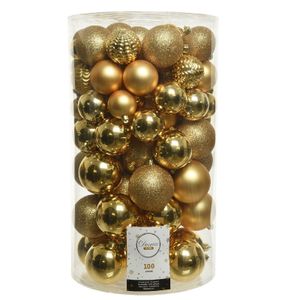 100x Kunststof kerstballen mix goud 4-5-6-7-8 cm kerstboom versiering/decoratie   -