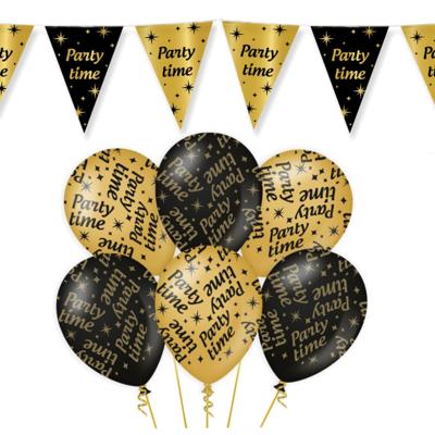 Leeftijd verjaardag feestartikelen pakket - Party Time - vlaggetjes / ballonnen - zwart/goud