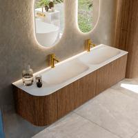 Mondiaz KURVE 165 cm Onderkast Greeploos 2 Lades Met Deuren Walnut, Wastafel Solid Surface Rechts Talc 2 Kraangaten Zonder Spiegel (KRVBGS165L2L1D2KD-Wal/Tal)