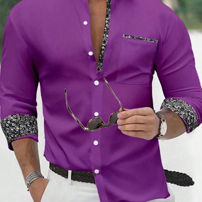 Bon&Bon Men's Yellow Long Sleeve Casual Button-Up Floral Shirt Purple-4 / L