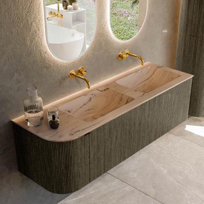 Badmeubel Mondiaz Kurve-Dlux | 145 cm | Meubelkleur Shadow | Wastafelkleur Arena | Solid surface | Dubbel / Rechts spoelbak | Zonder kraangat(en)