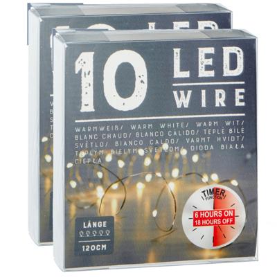 Draadverlichting lichtsnoer - 2x - 120 cm - 10 leds - warm wit - batterij - timer - kerstverlichting