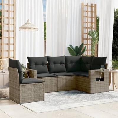 5-delige Loungeset met kussens poly rattan grijs