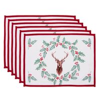 Clayre & Eef Placemats Set van 6 48x33 cm Wit Rood Katoen Rechthoek Hert Hulstbladeren Tafelmat Wit Tafelmat - thumbnail