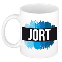 Jort naam cadeau koffie mok - beker - met blauw verfstrepen - Cadeau collega - vaderdag