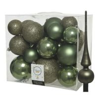 Set van 26x stuks kunststof kerstballen incl. glazen piek mat mosgroen - thumbnail
