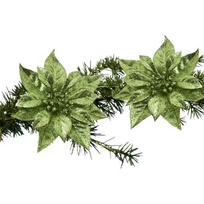 Decoratie bloem - 2x stuks - kerstster - op clip - groen - glitter -18 cm - kunststof - kerstversier