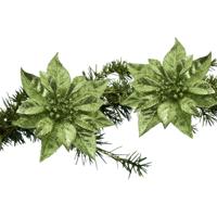 Decoratie bloem - 2x stuks - kerstster - op clip - groen - glitter -18 cm - kunststof - kerstversier