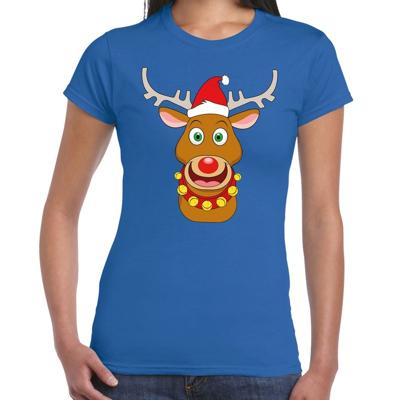 Foute Kerst t-shirt - met rendier Rudolf - rode muts - blauw - voor dames - kersttruien