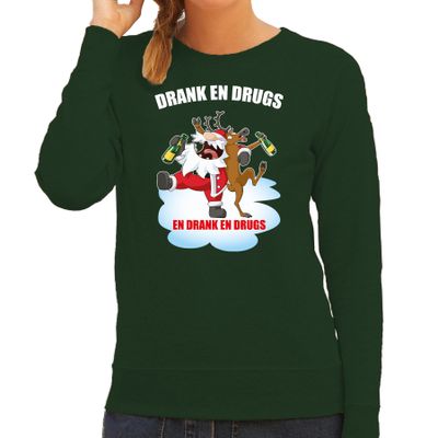Foute Kerstsweater / outfit Drank en drugs groen voor dames Foute Kerstsweater / outfit Drank en drugs groen voor dames