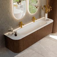 Badmeubel Mondiaz Kurve | 170 cm | Meubelkleur Walnut | Wastafelkleur Talc | Midden spoelbak | 2 kraangaten Badmeubel Mondiaz Kurve | 170 cm | Meubelkleur Walnut | Wastafelkleur Talc | Midden spoelbak | 2 kraangaten