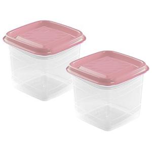 Vershoudbakjes Hega - set van 2x stuks - 0.7 liter - transparant/roze - L11 x B11 x H12 cm