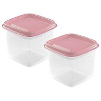 Vershoudbakjes Hega - set van 2x stuks - 0.7 liter - transparant/roze - L11 x B11 x H12 cm