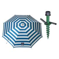 Parasol met dikke grondharing - blauw/wit gestreept - polyester - Dia 180 cm - voor het strand