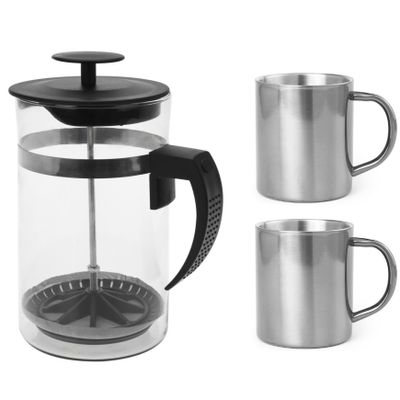 RVS Koffiezetter / koffiezetapparaat camping set met 2x RVS mokken