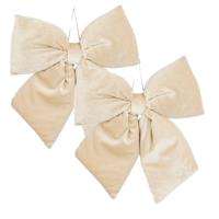 Kerst strik ornament - 2x - creme - 30 x 34 cm - polyester velvet - kerststrik - kerstversiering