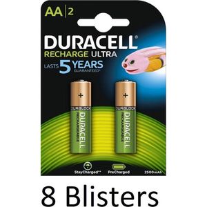 16 Stuks (8 Blisters a 2 st) Duracell AA Oplaadbare Batterijen - 2500 mAh