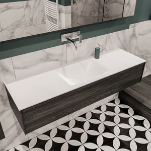 Mondiaz Lush Cloud badmeubel eiken donker bruin 150 cm 1 lade solid surface enkele spoelbak midden zonder kraangat