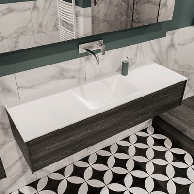Mondiaz Lush Cloud badmeubel eiken Dark brown 150 cm 1 lade solid surface enkele spoelbak midden zonder kraangat