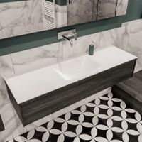 Mondiaz Lush Cloud badmeubel eiken donker bruin 150 cm 1 lade solid surface enkele spoelbak midden zonder kraangat