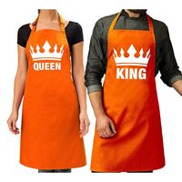 Koppel cadeau set: 1x King keukenschort oranje heren + 1x Queen keukenschort oranje dames - thumbnail