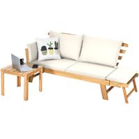 Acacia Houten Omvormbare Tuinbank Inklapbare Chaise Longue met Armleuningen en Kussens Buiten Slaapbank voor Tuin Wit