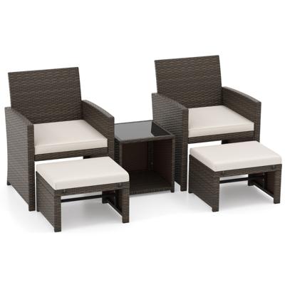 Set van 5 Rotan Meubels Balkonset Tuinmeubelen met Stoel & Voetenbank & Gehard Glas Salontafel Bruin + Wit
