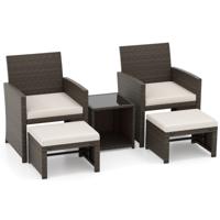 Set van 5 Rotan Meubels Balkonset Tuinmeubelen met Stoel & Voetenbank & Gehard Glas Salontafel Bruin + Wit