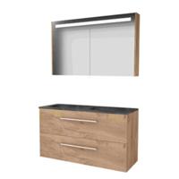 Basic-Line Premium 46 Badkamermeubelset - 120 x 46 cm - Met Grepen - 2 Lades - Hardstenen Wastafel - 2 Kraangaten - Spiegelkast met LED Verlichting - Whisky Oak