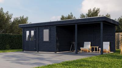 Lugarde Select Modern tuinhuis met overkapping Zutphen 388x300cm + 400cm - Zwarte olie- Plat dak- - Lugarde Select