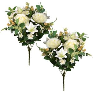 Kunstbloemen boeket rozen/lelie met bladgroen - 2x - wit - H50 cm - Bloemstuk