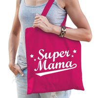Katoenen moeder cadeau tasje super mama fuchsia roze - thumbnail