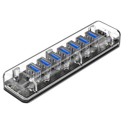 ORICO F7U 7 x USB 3.0 poorten 5Gbps snelle transmissie Desktop HUB met blauwe LED-lampje (transparant)