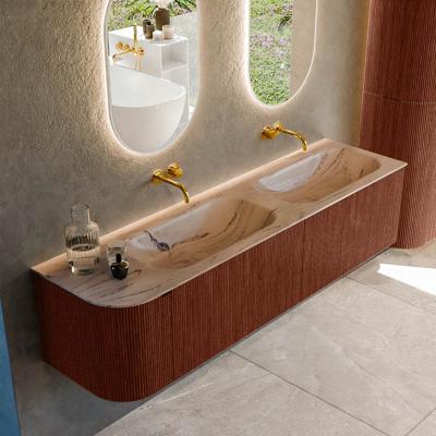 Badmeubel Mondiaz Kurve-Dlux | 175 cm | Meubelkleur Ruby | Wastafelkleur Arena | Solid surface | Dubbel / Rechts spoelbak | Zonder kraangat(en)