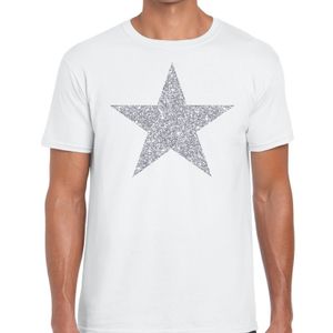 Zilveren ster glitter t-shirt wit heren