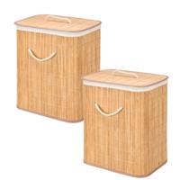 Wasmand van bamboe - 2x - wit / bruin - 60 liter - 40 x 30 x 50 cm - met deksel